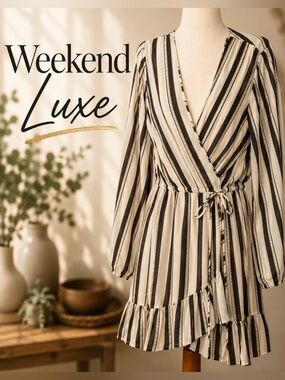 Blue Island Cream, Black & Gold Faux Wrap Striped Dress Size Medium